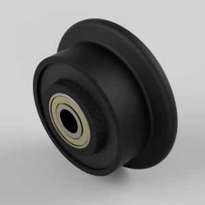Black idler pulley with metal inner bearing, shown at an angle for a mechanical belt system