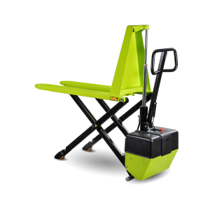 Lime‑green forklift attachment with black control handle and metal forks in a warehouse setting (close-up).