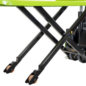 Electric scissor lift base with folding black arms and control box used to raise a work platform.