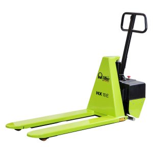 Green electric pallet stacker with long forks, viewed from the side, showing the lime-colored frame and black handle