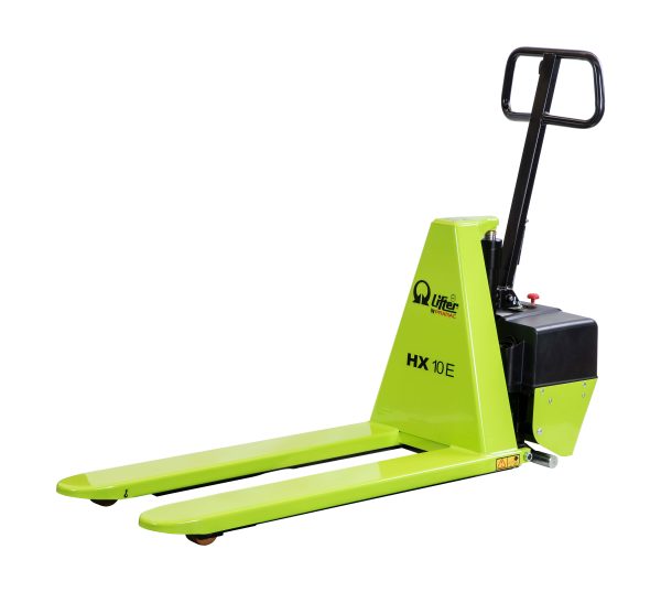 Green electric pallet stacker with long forks, viewed from the side, showing the lime-colored frame and black handle