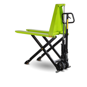 Green hydraulic pallet stacker with black handle and wheels against a black background