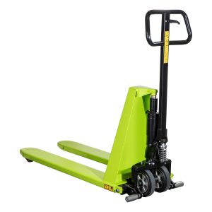 Green forklift with two parallel forks and a black upright mast seen from the side.