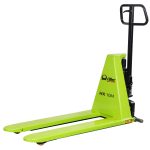 Green pallet jack with long forks and black handle against a white background, showing the lifting mechanism.