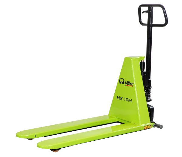 Green pallet jack with long forks and black handle against a white background, showing the lifting mechanism.