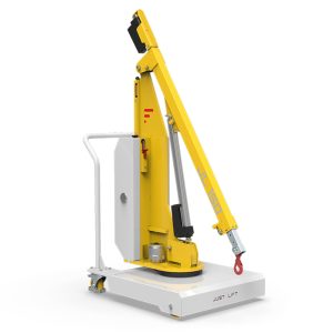 Yellow hydraulic lifting arm on a mobile base with a red-hook hoist, designed to lift heavy loads nearby.