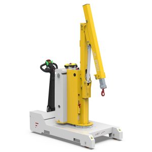 Industrial yellow powered lifting device mounted on a white base, featuring a tall vertical arm and a red-hook hoist for vertical lifting tasks.