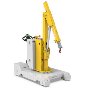 Yellow compact jib crane mounted on a gray mobile base with a hanging hoist and control pendant, labeled 'JUST LIFT' on the base