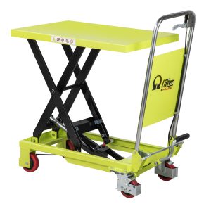 Yellow-green hydraulic lift table with scissor arms, wheels, and a handle (industrial mobile platform)