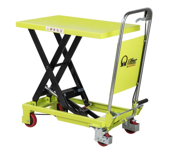 Yellow-green hydraulic lift table with scissor arms, wheels, and a handle (industrial mobile platform)