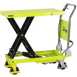 Green-yellow scissor lift platform on wheels, used for elevated work (max load 300 kg).