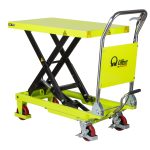 Yellow hydraulic scissor-lift trolley with a flat platform and red wheels, designed for lifting and transporting loads in industrial settings.