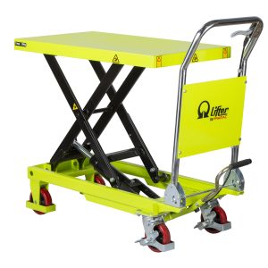 Yellow hydraulic scissor-lift trolley with a flat platform and red wheels, designed for lifting and transporting loads in industrial settings.