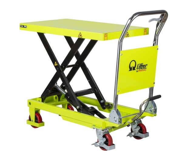 Yellow hydraulic scissor-lift trolley with a flat platform and red wheels, designed for lifting and transporting loads in industrial settings.