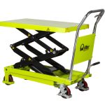 Yellow hydraulic scissor lift table with wheels and bright yellow frame, raised platform ready for loading.