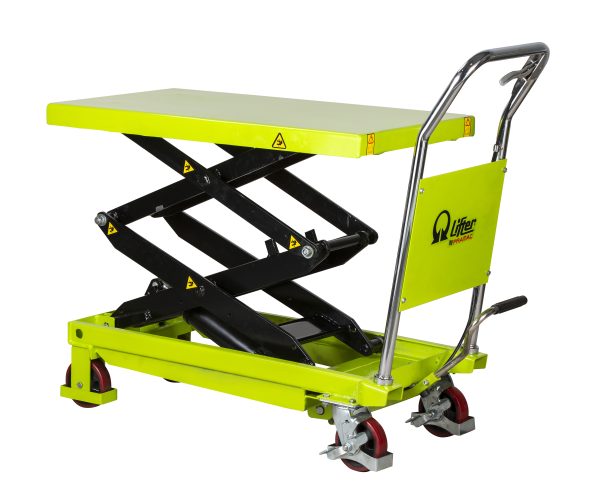 Yellow hydraulic scissor lift table with wheels and bright yellow frame, raised platform ready for loading.