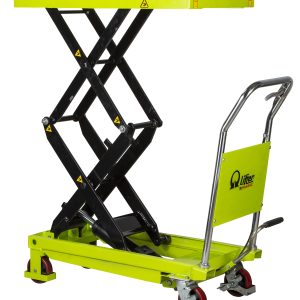 Lime-green and black scissor lift with warning stickers and red wheels, shown in profile.