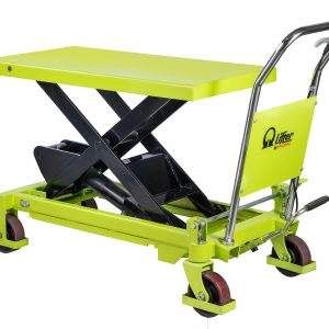 Lime-green hydraulic scissor lift table on wheels for material handling, with platform raised and control handle visible on the side.