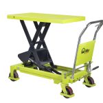 Yellow hydraulic scissor-lift work table with black supports and caster wheels, used for lifting loads.