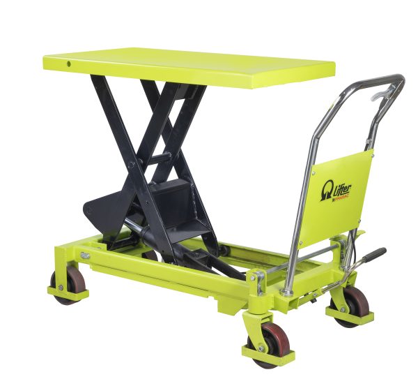 Yellow hydraulic scissor-lift work table with black supports and caster wheels, used for lifting loads.