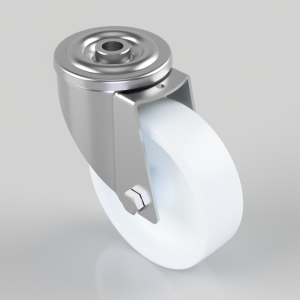 Swivel caster wheel with a white wheel mounted on a silver metal bracket and bolt.