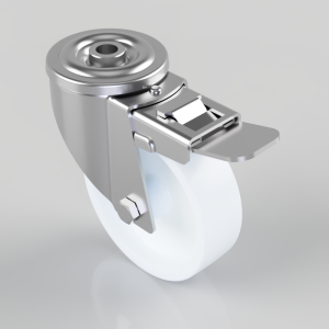 Metal swivel caster wheel with a locking brake lever and white wheel, shown from above at an angle.